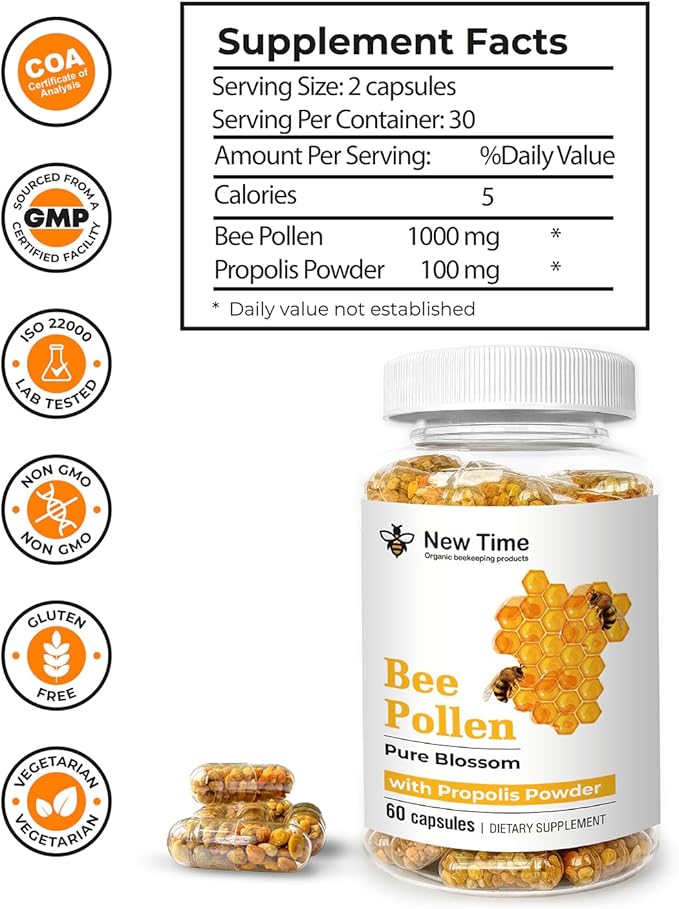 Bee Pollen Capsules with Propolis – Organic Supplement for Energy, Vitality, Wellness, Rich in Vitamins, Immune Support & Nutrient Boost for Men & Women, 100% Pure & Natural for Breast Growth