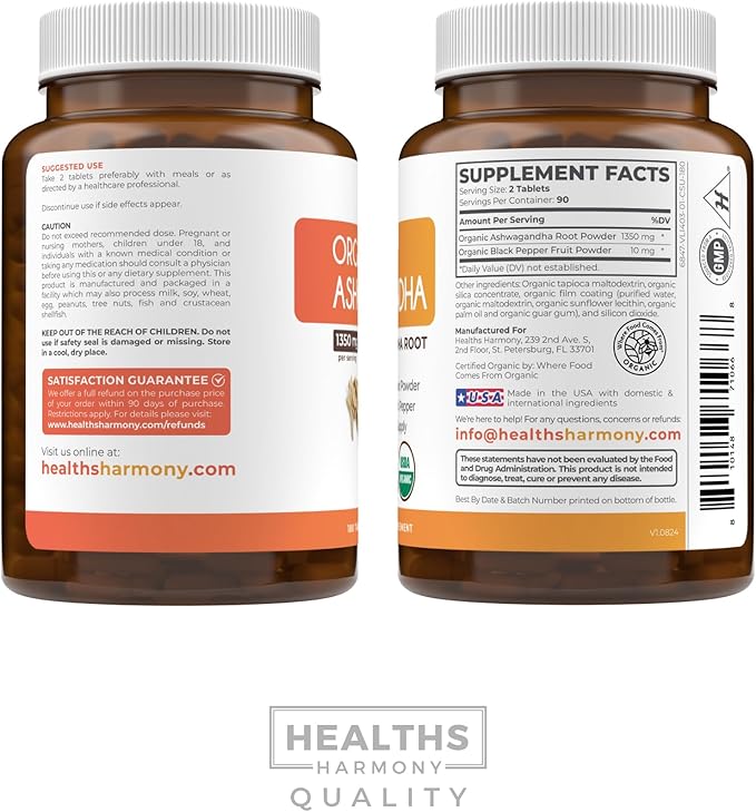 USDA Organic Ashwagandha (180 Vegetarian Tablets) 1350mg Ashwaganda Root Powder Per Serve with Black Pepper - Natural Adrenal Support, Cortisol & Thyroid Support, Immune Support (No Pills or Capsules)