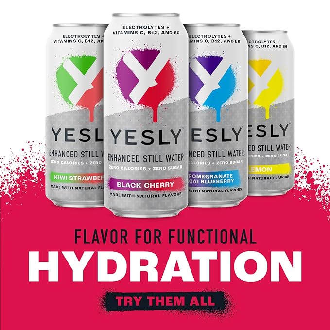 Yesly Functional Water, Black Cherry, Naturally Flavored Still Water with Electrolytes, Magnesium, Potassium, Vitamin C, B6 & B12, Zero Sugar, No Artificial Sweeteners, 16 Fl Oz Cans, 12 Pack