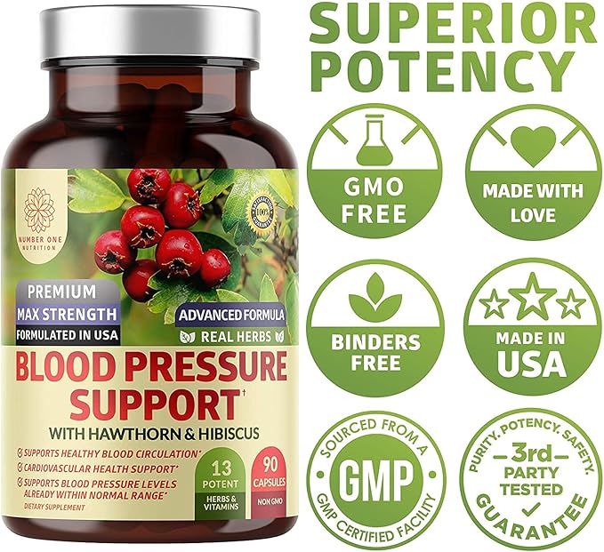 2-Pack N1N Premium Blood Pressure Support with Hawthorn and Hibiscus [13 Potent Ingredients], Natural Supplement to Support Blood Flow Health, 180 Caps