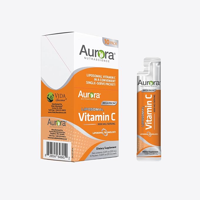 Aurora Nutrascience Mega-Pack Liposomal Vitamin C, Immune Support, 3,000 mg Per Serving, Vegan, Gluten Free, Non-GMO, 10 Single Serve Packets, Orange