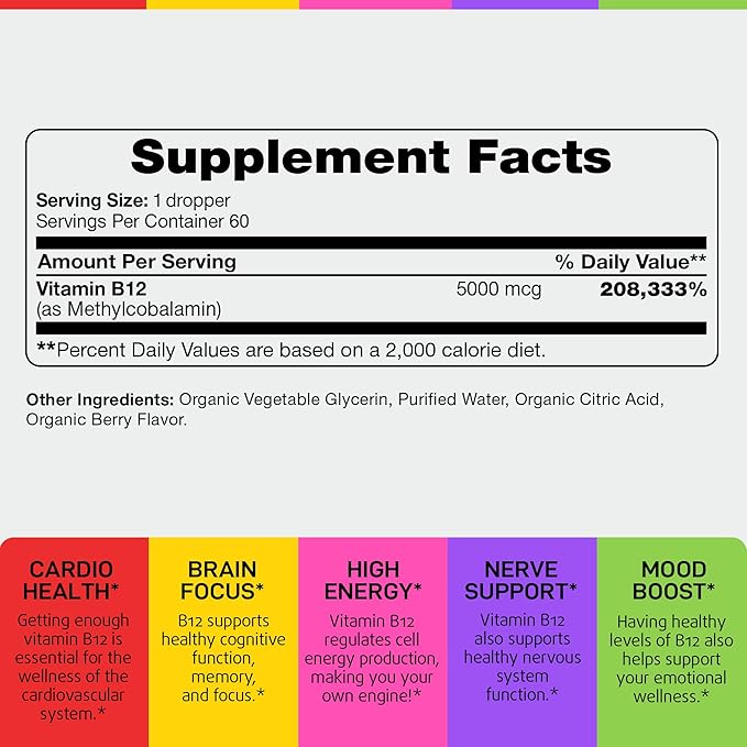 Vegan Vitamin B12 - Vit B 12 Liquid Drops Sublingual 5000mcg - USDA Organic Methyl B-12 for Men and Women - Methylcobalamin Energy Supplement for Immunity, Metabolism & Health Support - Made in USA