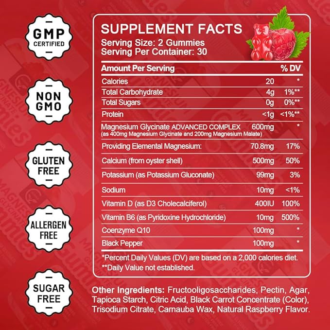 Magnesium Glycinate Gummies 400mg, Mg Potassium Supplement with Chelated Magnesium Malate Complex, Vitamin D, B6, and CoQ10, Supports for Memory, Calm, Mood & Sleep - 60 Count (Pack of 2)