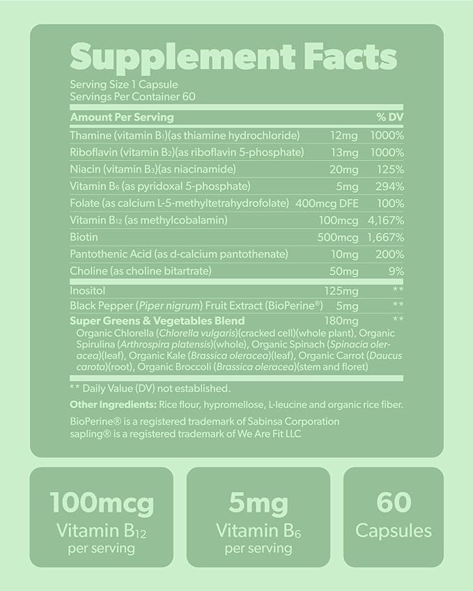 Vegan Vitamin B Complex - Whole Food Blend with Essential B Vitamins B1, B2, B3, B5, B6, B7, Folate, B12-60 Caps