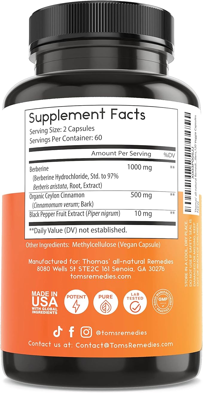 Thomas' all-natural Remedies Berberine 500mg (1000mg Per Serving)- 120 Vegan Capsules- with Ceylon Cinnamon & Black Pepper- Supports Healthy Immune Function & Overall Wellness