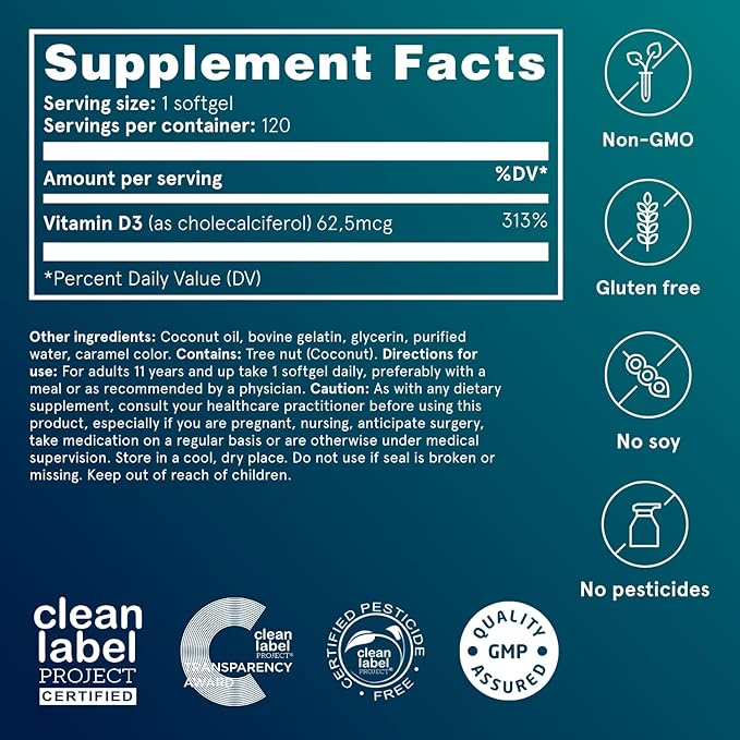 Puori Vitamin D3 with Virgin Coconut Oil - 240 x 2500 IU - for Muscle Function, Bone Health, Immune Support and Calcium Uptake- Non-GMO and Gluten Free - For Adults