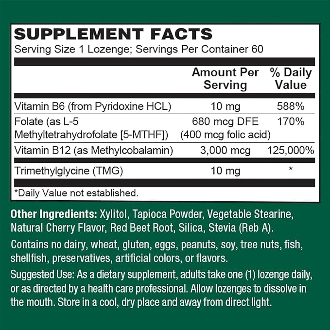 PlantFusion Methylated Vitamin B Complex – Vegan B12 3000mcg, Vegan Methylfolate (5-MTHF) 400mcg, B6 & TMG – Cherry-Flavored Lozenges – 60 Count