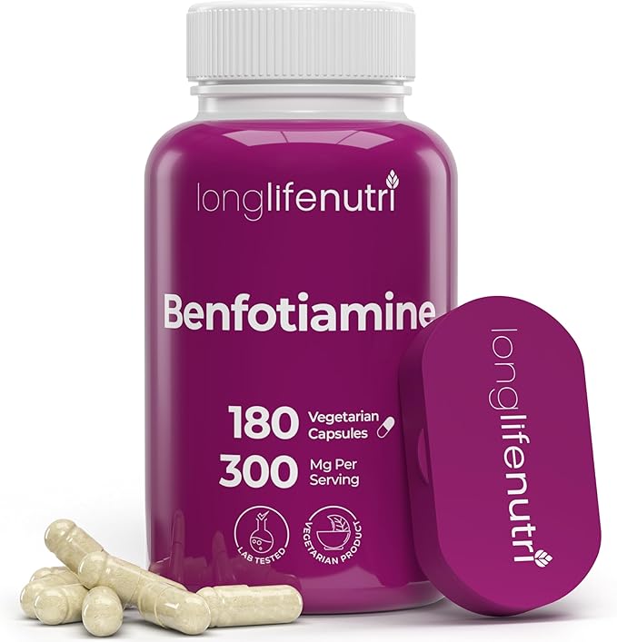 Benfotiamine 300mg – 180 Vegetarian Capsules, 6-Month Supply, Fat-Soluble B1 Thiamine Supplement for Energy and Wellness, Lab Tested, Made in USA