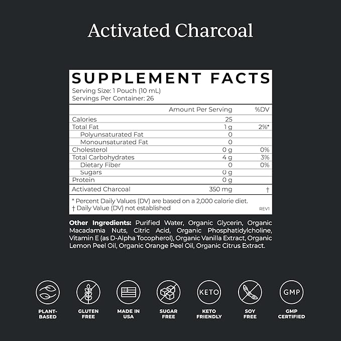 CYMBIOTIKA Activated Charcoal Liquid Supplement with Vitamin E, Gut Health & Digestive Support for Adults, Helps Cleanse, Detox, Support Gas, Bloating, Lemon Cream Flavor, Vegan, 10ml Pouches, 26 Pack