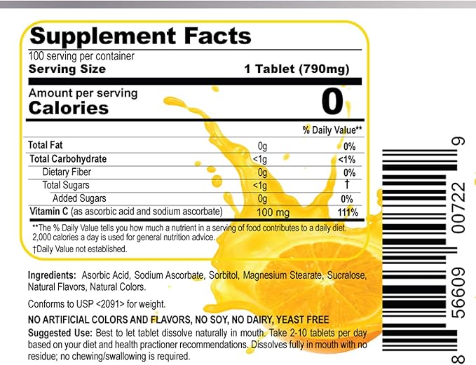 Vitamin C 100 mg Buccal Lozenge Tablets – Slow-Dissolving, Controlled Release & Fast Absorption, Natural Orange, Immune Boost, Antioxidant & Anti-Aging, Sugar-Free, 100 CT
