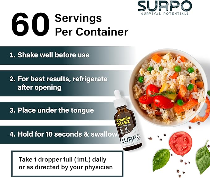 SURPO Vitamin D3 + K2 Liquid Drops with Omega 3 Oil - 5000 IU Vitamin D Drops K2 for Hormone Support & Bone Health - Liquid Vitamin D3 with K2 Drops for Maximum Absorption - 2Fl Oz Vitamin K2 D3