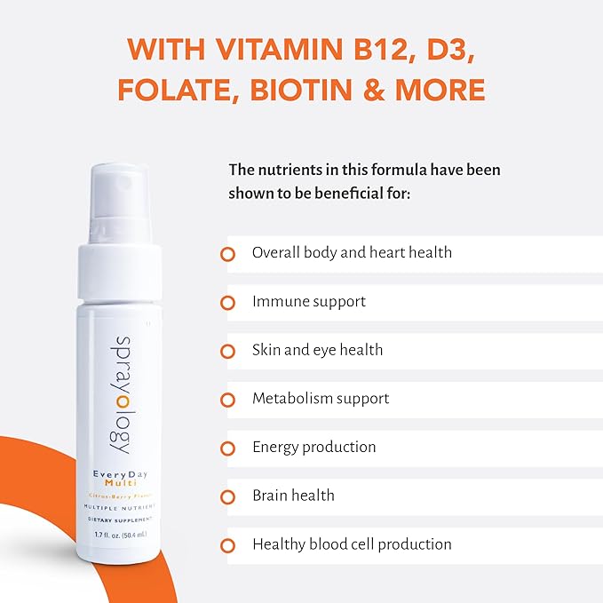 Sprayology Everyday Multi Spray | Daily Multivitamin Spray for Men, Women & Kids (Ages 4+) | High-Absorption Formula with Vitamin B12, D3, Folate, Biotin & More | Non-GMO | 26 Day Supply (1.7 fl oz)