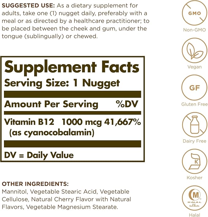 SOLGAR Sublingual Vitamin B12 1000 mcg - 100 Nuggets - Non-GMO, Vegan, Gluten Free, Dairy Free, Kosher, Halal - 100 Servings