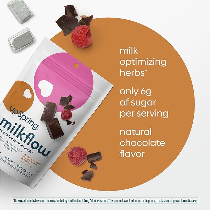 UpSpring Lactation Supplement for Breastfeeding, Lactation Snacks with Fenugreek and Blessed Thistle, Breastfeeding Essentials Support, Breast Milk Supply - Choco Raspberry (28 Count)