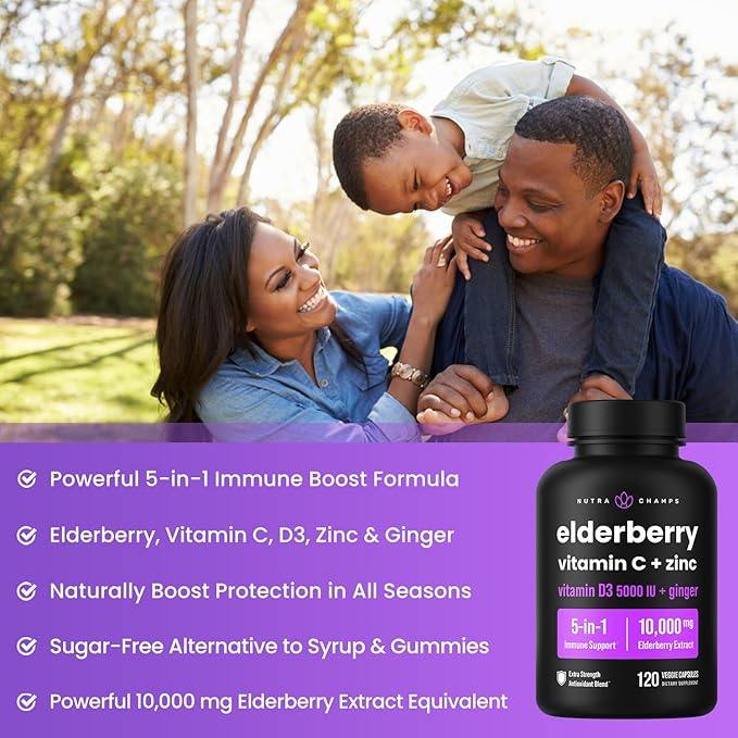 NutraChamps Elderberry Extract 120 Capsules, 10,000mg Sambucus Elderberry with Zinc and Vitamin C for Adults + Vitamin D3 5000 IU & Ginger, 5-in-1 Antioxidant Immune Support Supplement