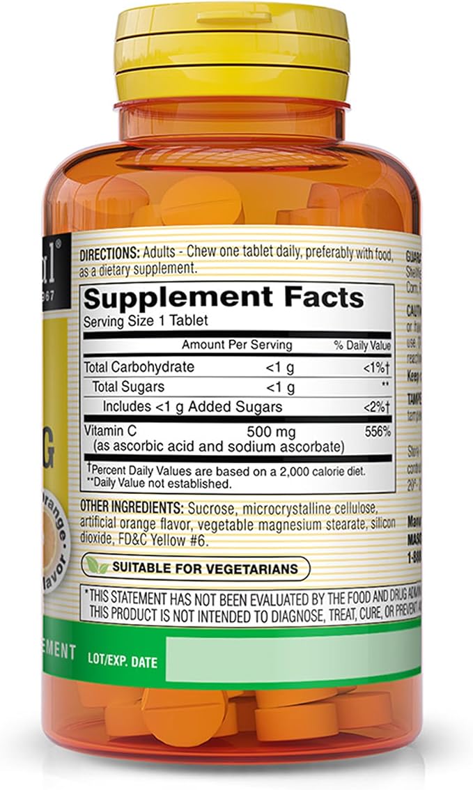 MASON NATURAL Vitamin C 500 mg (as Ascorbic Acid) - Supports Healthy Immune System, Antioxidant and Essential Nutrient, Orange Flavor, 100 Chewables