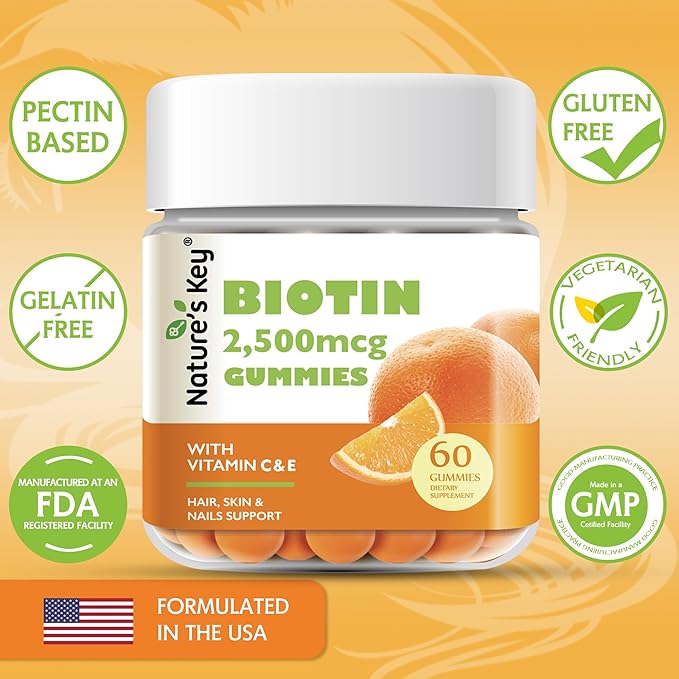 Nature's Key Biotin Gummies with Vitamin C and E, Support Hair Nails Growth & Beautiful Skin for Women Men and Kids, Vegan, Orange Flavors 60 Count