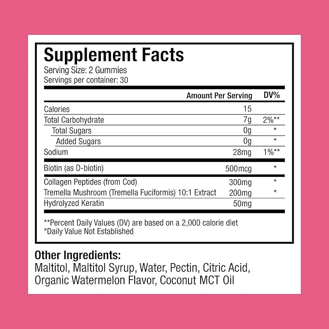 Plant People WonderBeauty Hair, Skin & Nails Rejuvenation Gummies with Tremella Mushroom, Marine Collagen Peptides, Keratin, & Biotin – Watermelon Flavor, 60 Gummies