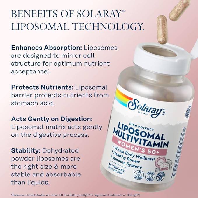 SOLARAY Liposomal Multivitamin for Women 50 Plus, Enhanced Absorption with Iron, Vitamin D, Vitamin C, B12, Biotin & More, Immune Support & Bone Health, Vegan, 60 Servings, 120 VegCaps