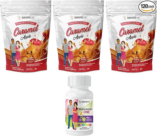 BariatricPal 90-Day Bariatric Vitamin Bundle (Multivitamin ONE 1 per Day! Capsule with 60mg Iron and Calcium Citrate Soft Chews 500mg with Probiotics - Caramel Apple)