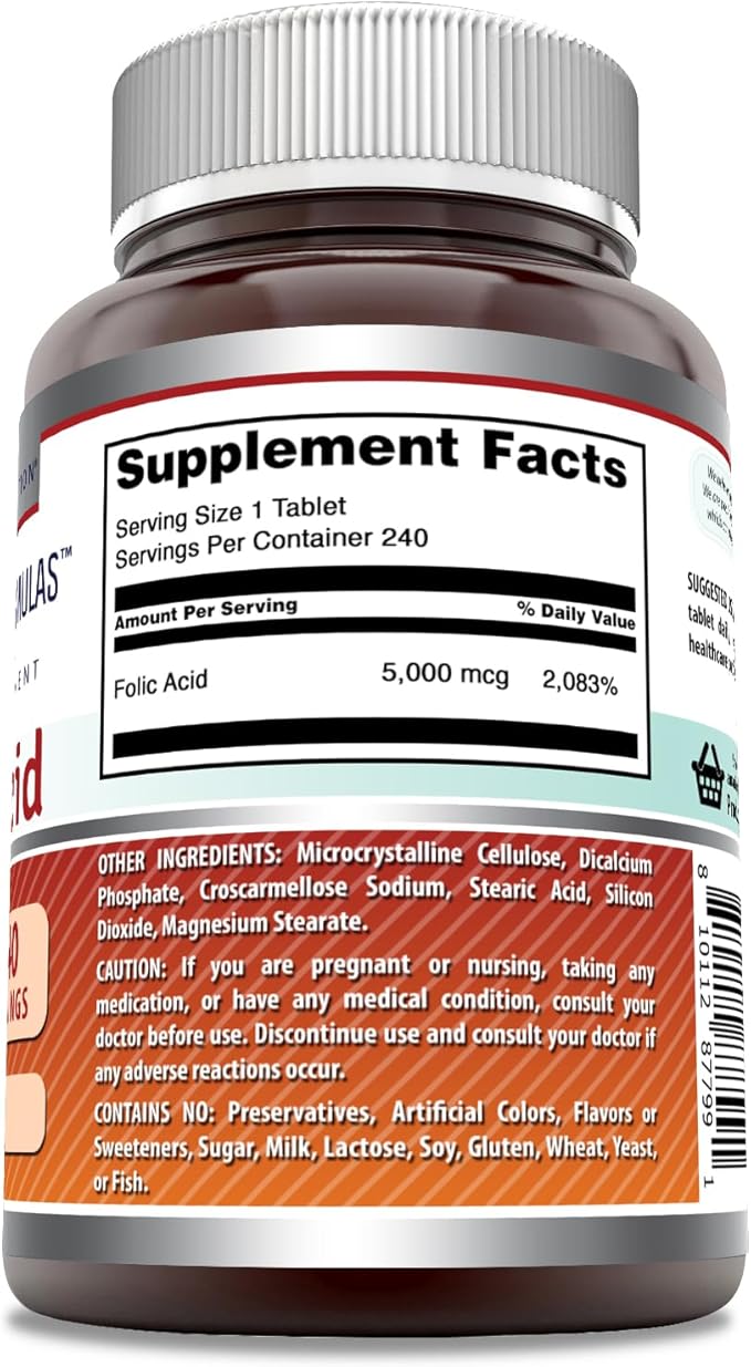Amazing Formulas Folic Acid Supplement | 5000 Mcg | Tablets | Non-GMO | Gluten Free | Made in USA (240 Count)