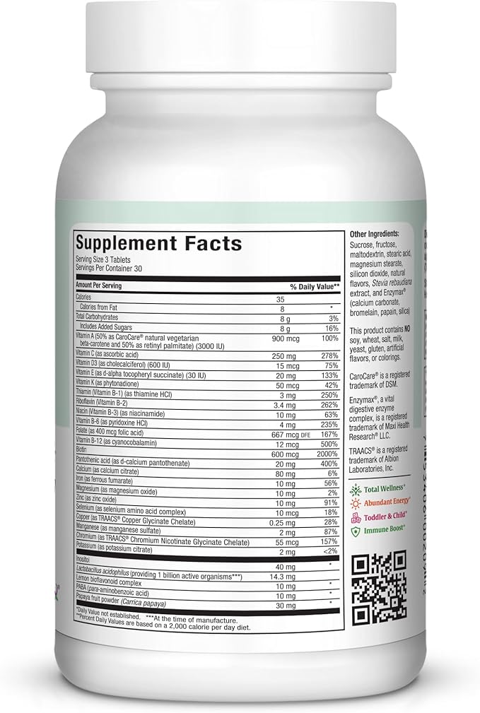 Maxi Health Chewable Multivitamin for Kids, Teens and Adults - Cherry Chewable Vitamins for Adults & Children - Kosher Kids Multivitamin + Iron (90 Tablets)