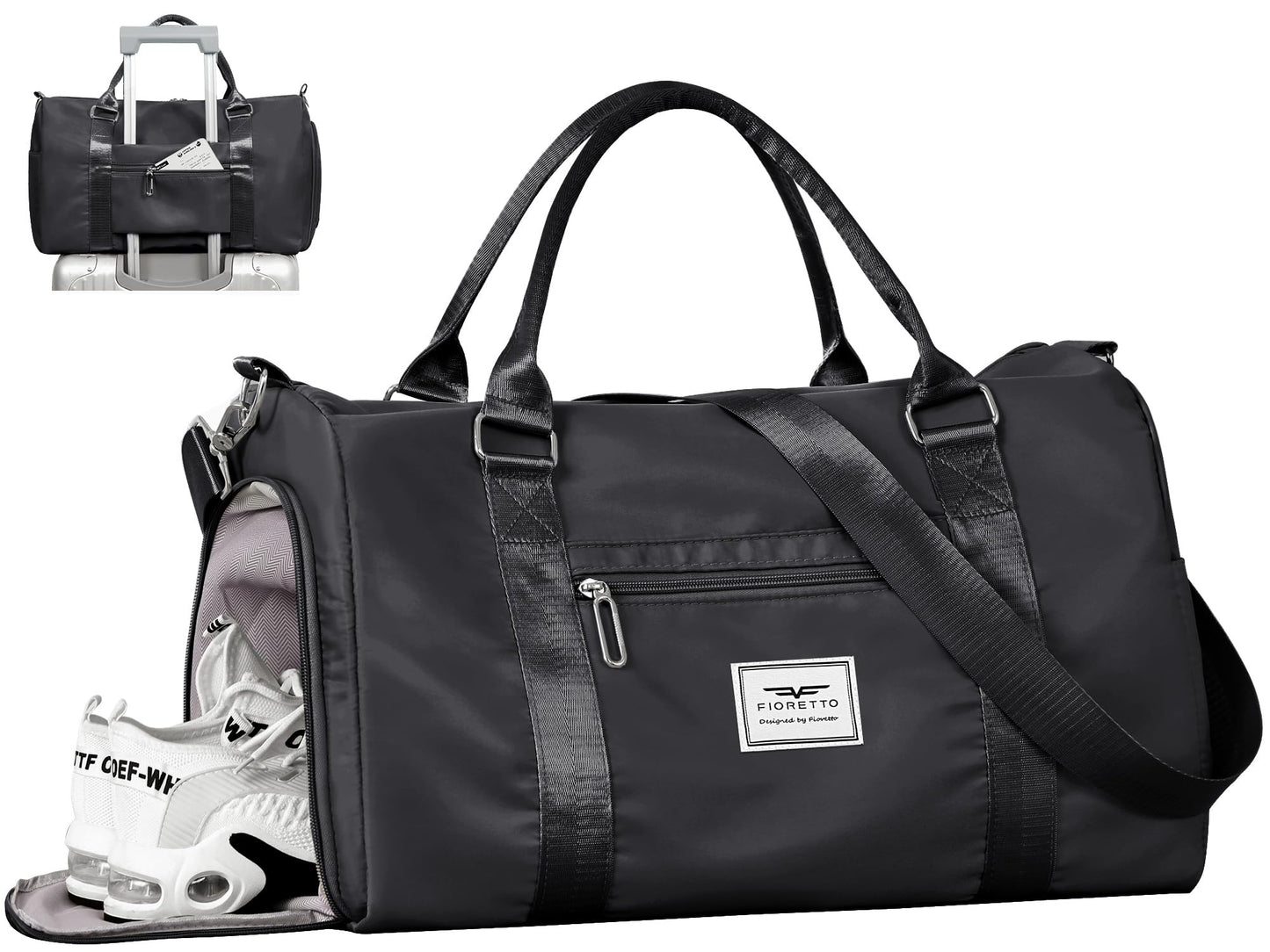 FIORETTO Womens Gym Tote Duffle Bag with Wet Pocket & Shoe Compartment, Sports Duffel Overnight Weekender Hospital Workout Carry on Bag for Girls, Ideal for Travel, Swimming, Dance, Ballet Black