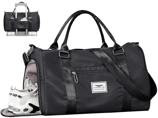 FIORETTO Womens Gym Tote Duffle Bag with Wet Pocket & Shoe Compartment, Sports Duffel Overnight Weekender Hospital Workout Carry on Bag for Girls, Ideal for Travel, Swimming, Dance, Ballet Black