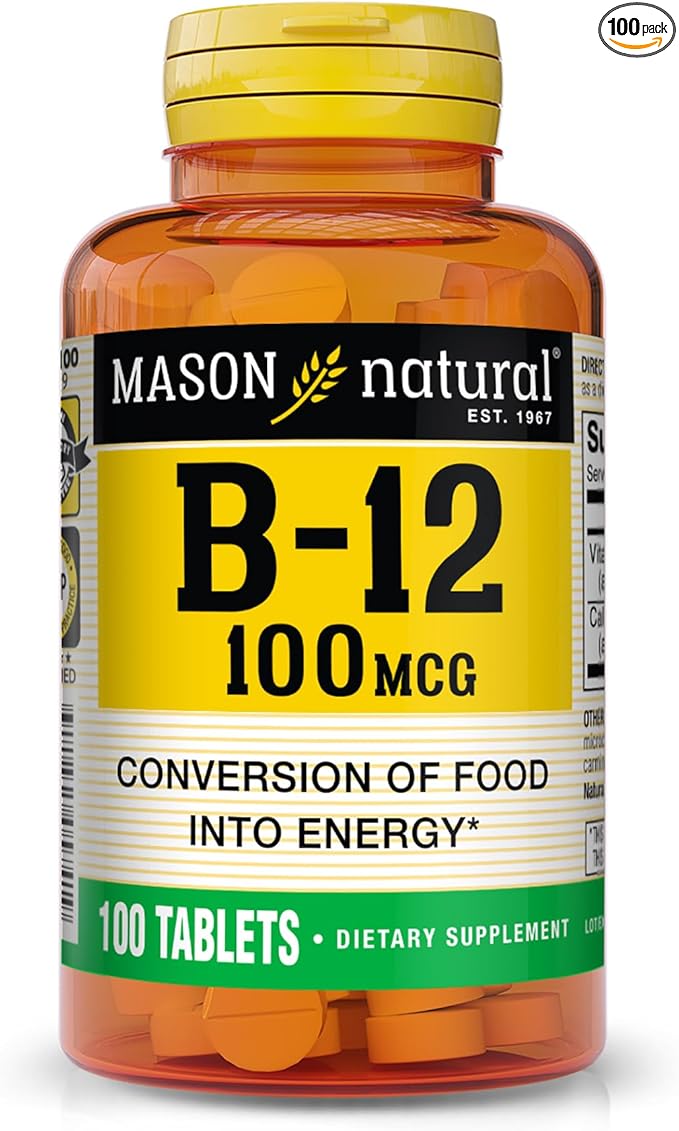 MASON NATURAL Vitamin B12 100 mcg with Calcium - Healthy Conversion of Food into Energy, Supports Nerve Function and Health, 100 Tablets