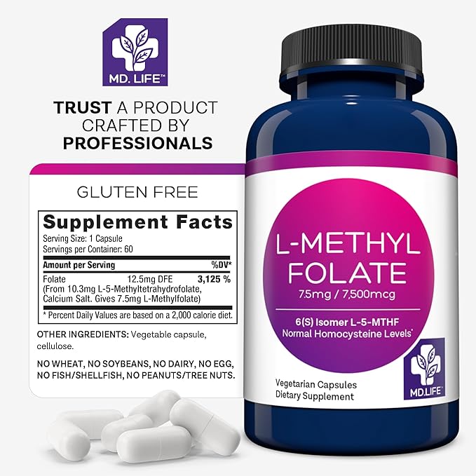 MD Life L-Methylfolate 7.5mg - Professional-Grade Active Methylfolate Supplement - Maximum Potency MTHFR Supplements - L-methylfolate 7.5 mg 60 Capsules - Essential Amino Acids