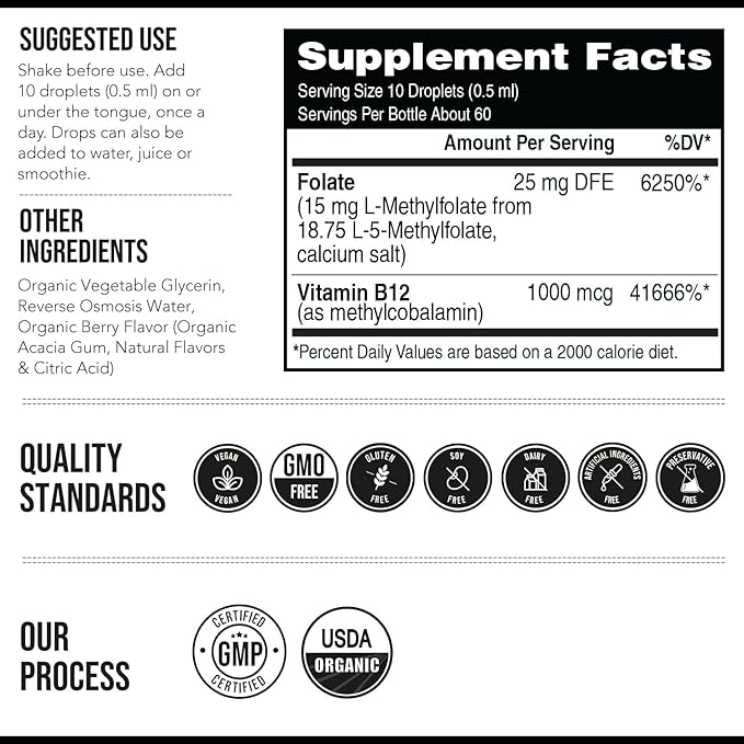 L Methyl Folate 15mg Plus Methyl B12 Cofactor – Organic Berry Flavor, High Potency Liquid Sublingual Active 5-MTHF Form - Supports Mood, Methylation, Cognition – Bioactive Forms Vitamin B9 & B12 (1oz)