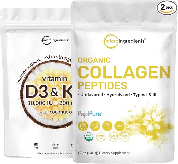 Micro Ingredients Vitamin D3 10000 iu + K2 200 mcg Coconut Oil Softgels & Organic Collagen Peptides Powder Bundle 2 Pack | Essential Sunshine Vitamins | Hydrolyzed Type I & III Bovine Collagen