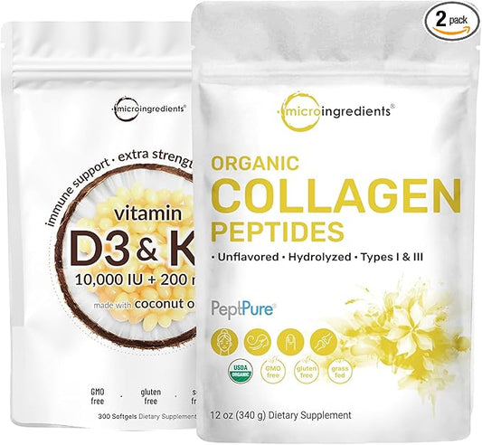 Micro Ingredients Vitamin D3 10000 iu + K2 200 mcg Coconut Oil Softgels & Organic Collagen Peptides Powder Bundle 2 Pack | Essential Sunshine Vitamins | Hydrolyzed Type I & III Bovine Collagen