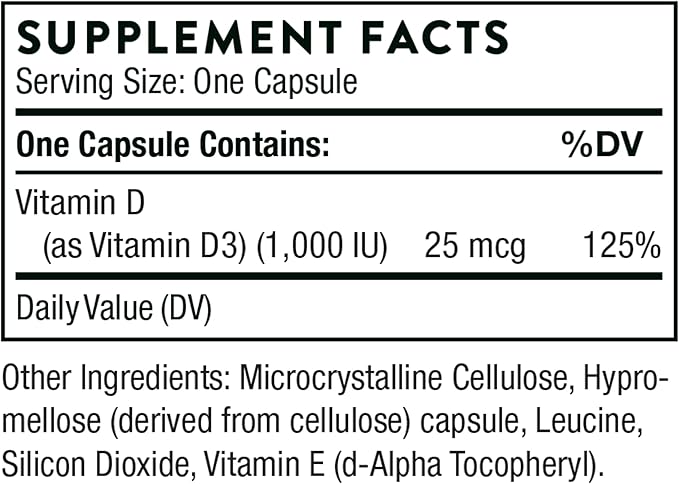 THORNE Vitamin D3 Supplement - Supports Healthy Bones, Teeth Muscles, Cardiovascular & Immune Function* - Gluten, Dairy & Soy-Free - 1,000 IU - 90 Capsules