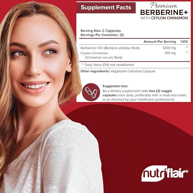 NutriFlair Premium Berberine HCL 1200mg, 60 Capsules - Plus Pure True Ceylon Cinnamon, Berberine HCI Root Supplements Pills - Immune System - yields an Optimal 8% Berberine
