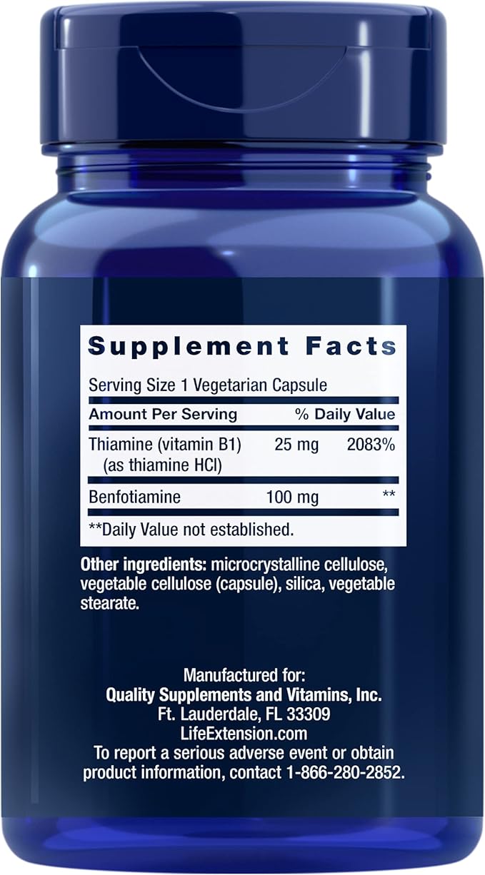 Life Extension Benfotiamine with Thiamine, Fat & Water Soluble Vitamin B1, Gluten Free, Healthy Metabolism, Non-GMO, Vegetarian, 100 mg, 120 Vegetarian Capsules