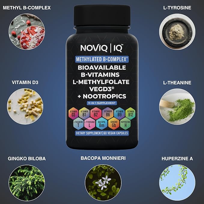 11-in-1 Methylated B-Complex Supplement: 680mcg L-Methylfolate(5-MTHF) Thiamine(B1) Riboflavin(B2) Pyridoxal(B6) Methylcobalamin(B12) - VegD3® + Nootropics - 1,100mg+ Serving - 60 Count