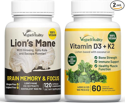Vegan Vitality Brain & Body Balance Bundle: 120 Lions Mane Mushroom Nootropic Brain Support Supplement and 60 Vegan Vitamin D3 + K2 4000IU (100mcg)
