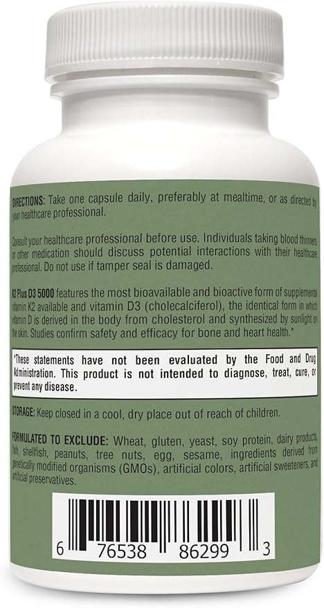 RetzlerRx® - Vitamin K2 Plus D3 5000 - Bioavailable Vitamin D 5000 IU (Cholecalciferol) with Vitamin K2 MK-7 - Heart, Arterial, Bone Health + Immune Support Supplement (120 Capsules) (120)