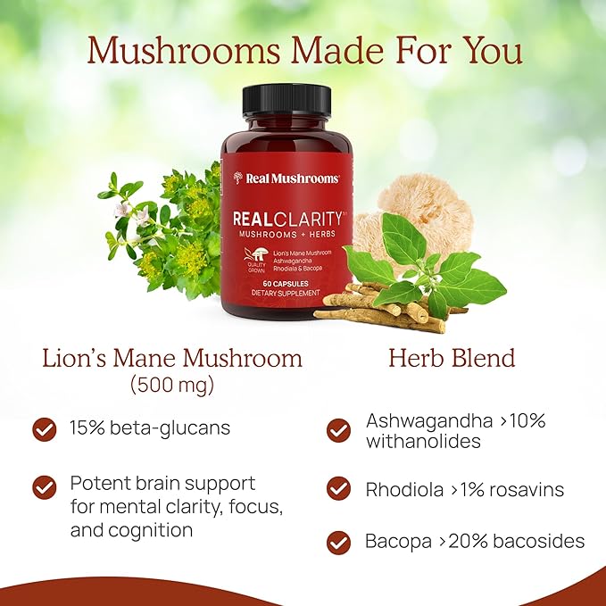 Real Mushrooms RealClarity Mushroom Powder Capsules - Brain Supplement with KSM-66 Ashwagandha Extract for Mental Clarity, Focus - Organic Lions Mane Capsules Focus Supplements for Adults, 60ct