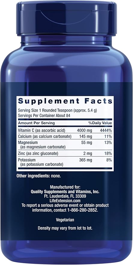 Life Extension Buffered Vitamin C Powder, Buffering Minerals, Calcium, Magnesium, Potassium & zinc, for Sensitive stomachs, Gluten Free, Non-GMO, Vegetarian, 454 Grams, About 84 Servings