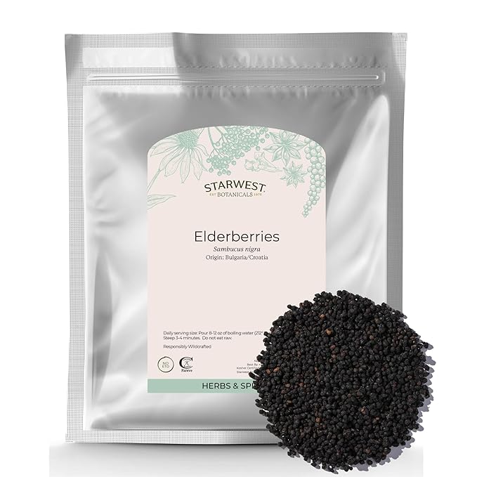 Starwest Botanicals Whole Elderberries - Dried Elderberries for Syrup, Tea, Gummies, & Jam, Immune Support, Certified Kosher, Wildcrafted Natural Berries - Bulk 1 lb Bag