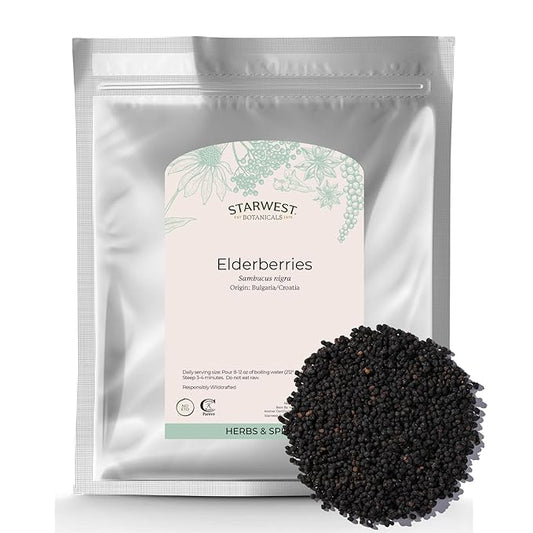 Starwest Botanicals Whole Elderberries - Dried Elderberries for Syrup, Tea, Gummies, & Jam, Immune Support, Certified Kosher, Wildcrafted Natural Berries - Bulk 1 lb Bag