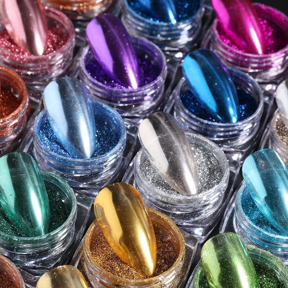 Metallic Mirror Chrome Nail Powder Set, 23 Colors Magic Mirror Y2K Gold Silver Decorations Rubbing Nail Art Glitter Pigment Flakes Manicure Accessories (23pcs Chrome Powder)