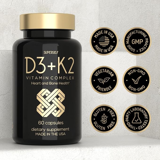 Vitamin D3 K2 Capsules - Vitamin D3 5000 IU and Vitamin K MK7 100mcg - 60 Capsules - USA Made Vegetarian Vitamin D Supplement - High Strength VIT D for Bones, Muscle, Teeth, Immune System