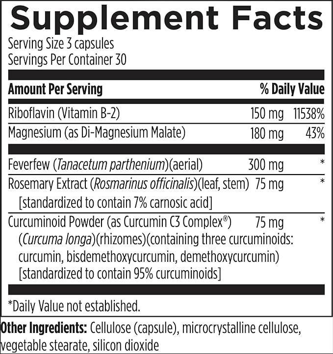 Designs for Health Migranol - Feverfew Supplement with Magnesium Malate, Curcumin (Turmeric) Extract, Rosemary + B2 Riboflavin - Non-GMO + Gluten Free (90 Capsules)