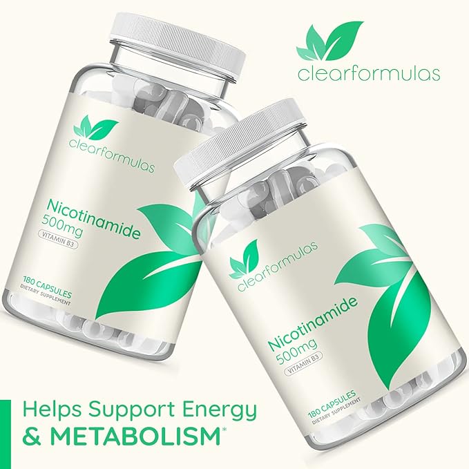 Vitamin B3 Nicotinamide 500mg - High Absorption Form of Vitamin B3 Niacin Flush Free for Hear Skin Brain and Energy Support - NAD Precursor - Made in a cGMP American Facility (180 Servings)
