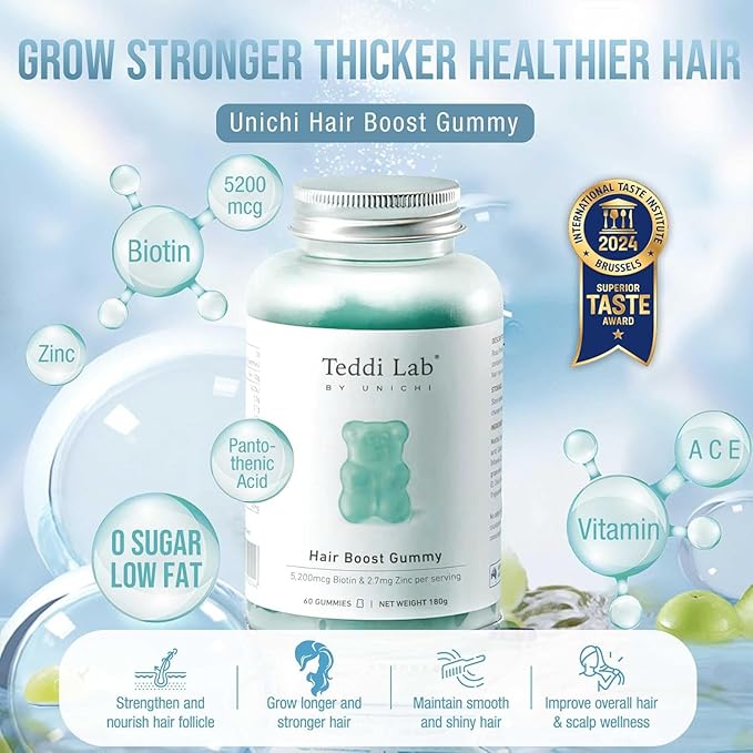 Unichi Hair Growth Gummies 3-Pack, 5200mcg Biotin Formulated with Zinc, Pantothenic Acid and Vitamin A, C, E for Stronger and Thicker Hair for Women, (180 Count)
