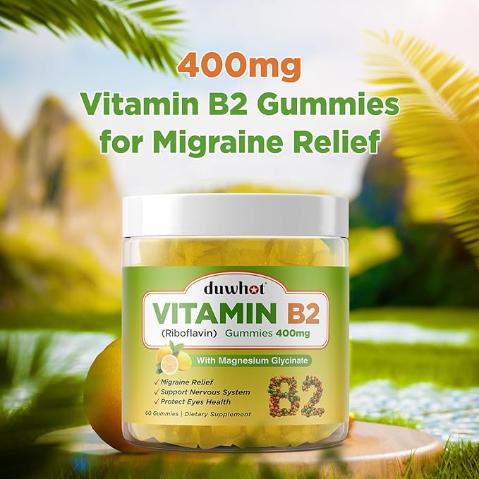Vitamin B2 Gummies with Magnesium- Riboflavin 400mg for Migraine Relief & Headache Relief, B2 Vitamins Gummies for Adults & Kids, Vegan, 60 Chewable