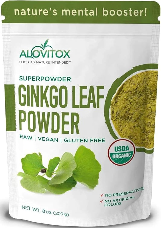 Alovitox Ginkgo Biloba Leaf Powder | Supports Healthy Aging, Memory, Focus, Mood Stability & Concentration - 100% Organic Ginko Leaf Extract, Vegan, Non GMO | 8oz